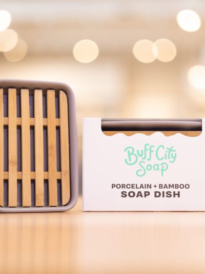 Grey Porcelain and Bamboo Soap Dish