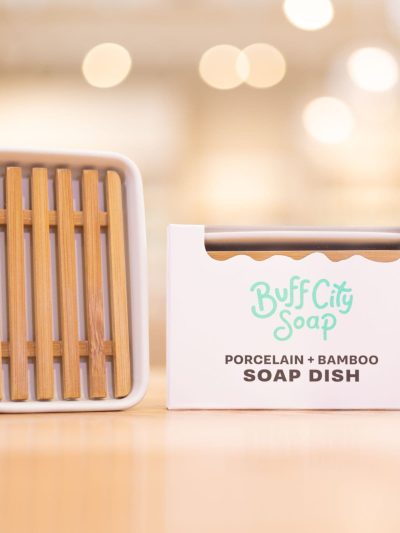 White Porcelain and Bamboo Soap Dish